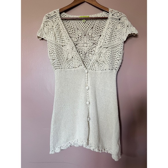Sigrid Olsen Sweaters - Sigrid Olsen Small Cream Crochet Cardigan Top Cap Sleeve Ramie Cotton Boho